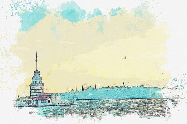Nature Poster featuring the painting Maiden Tower, Istanbul, Turkey - watercolor by Ahmet Asar by Celestial Images