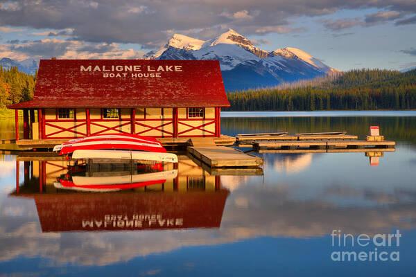 Maligne Poster featuring the photograph Maligne Lake Boathouse Summer Reflections by Adam Jewell
