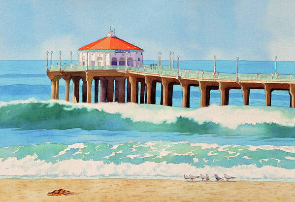 Seascape Poster featuring the painting Ruby's Huntington Beach Pier by Mary Helmreich