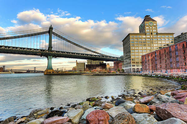 Water's Edge Poster featuring the photograph Manhattan Bridge During Sunset by Pawel.gaul