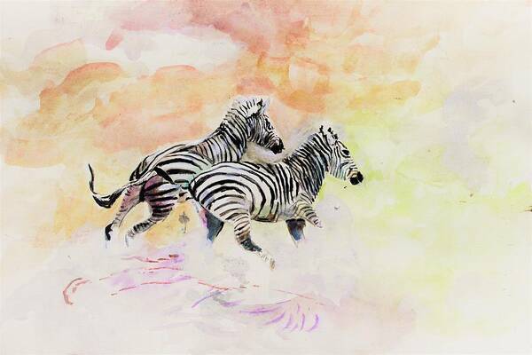 Zebra Poster featuring the painting Migration by Khalid Saeed