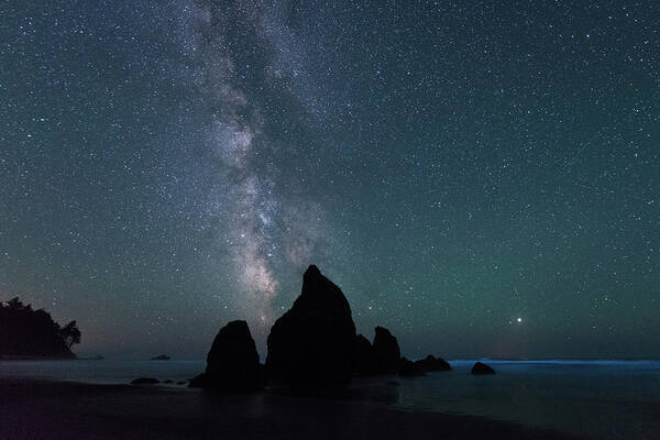 Outdoor; Beach; Night; Stars; Milky Way; Sea Stacks; Rudy Beach; Pacific Coast; Relections; Bioluminescence; Bioluminescent Plankton; Blue; Poster featuring the digital art Milky Way at Ruby Beach, Olympic National Park by Michael Lee