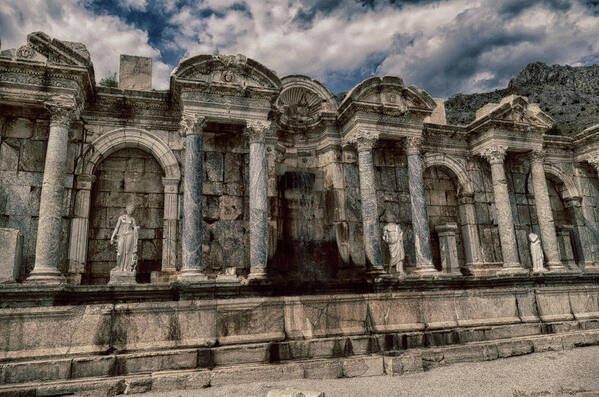 Monumental Poster featuring the photograph Monumental fountain and statues at Sagalassos by Steve Estvanik