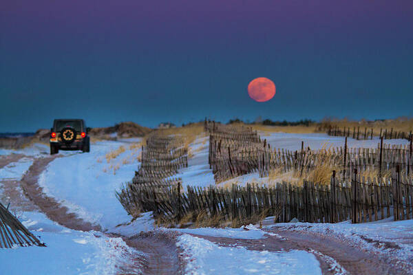 Moon Moonrise Cupsogue Beach Moriches Inlet Tide Jeep Off Road Fence Westhampton New York Ny Long Island Hampton Hamptons Sand East Coast Coastal Atlantic Ocean Poster featuring the photograph Moonrise Cupsogue Outer Beach by Robert Seifert