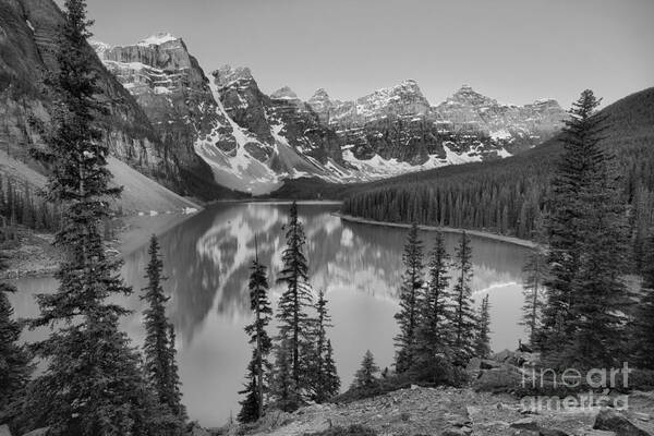 Moraine Lake Poster featuring the photograph Moraine Lake Spring 2019 Sunrise Black And White by Adam Jewell