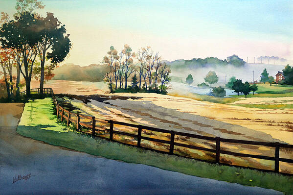 #landscape #watercolor #painting #farm #farmlife #watercolorpainting #morning #country #rural Poster featuring the painting Morning Fog Rolls Away by Mick Williams