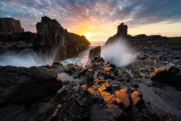 Seascape Poster featuring the photograph Morning Glow At Bombo Quarry by Johnny James