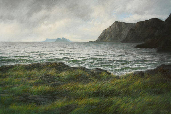 Hans Egil Saele Poster featuring the painting Mosken Island Outside Lofoten by Hans Egil Saele