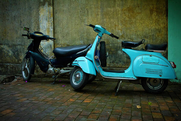 Two Objects Poster featuring the photograph Motorbikes On Brick Sidewalk by Image By David Koiter