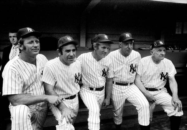 American League Baseball Poster featuring the photograph New York Yankees Hall Of Famers At Old by New York Daily News Archive