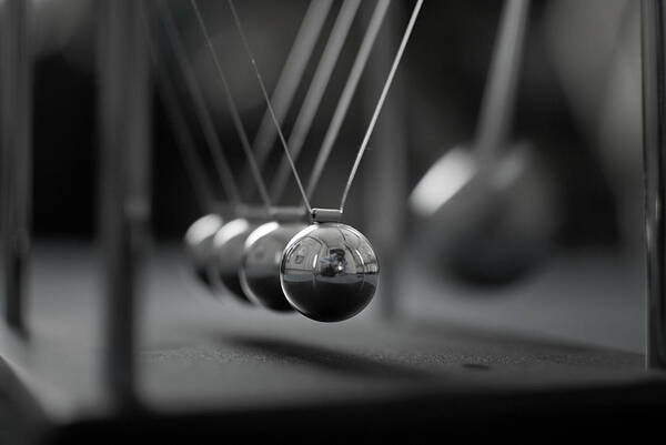 Five Objects Poster featuring the photograph Newtons Cradle In Motion - Metallic by N.j. Simrick
