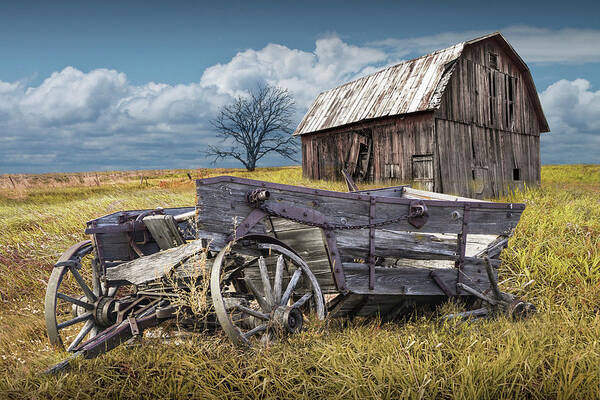 Wagon Poster featuring the photograph Old Broken Down Wooden Farm Wagon with Barn by Randall Nyhof
