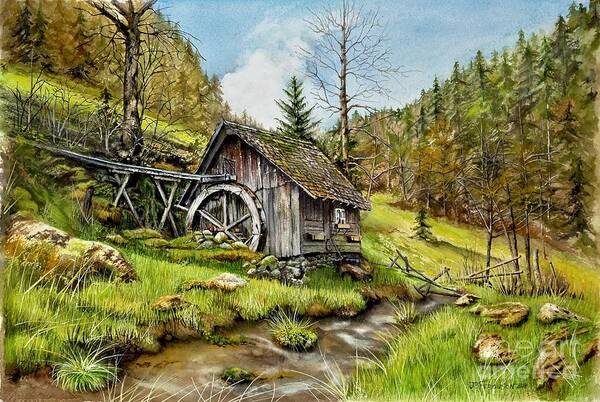 Landscape Poster featuring the painting Old Mill by a Creek by Jeanette Ferguson