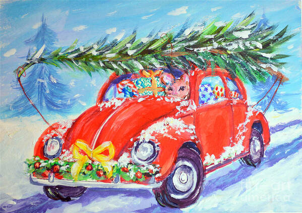 Vw Volkswagen Car Cars Mouse Mice Tree Trees Christmas Holiday Holidays Card Cards Poster featuring the painting On the way Home by Li Newton