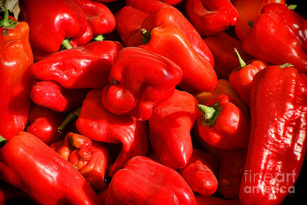 Red Poster featuring the photograph Organic Red Peppers by Olivier Le Queinec