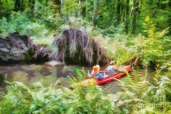 Paddling Poster featuring the painting Paddling in the Spreewald by Eva Lechner