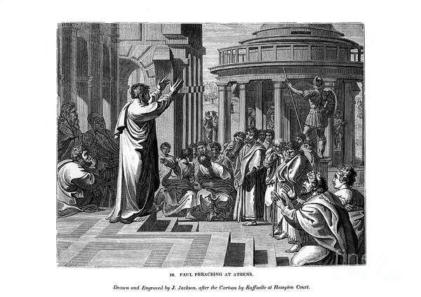 Engraving Poster featuring the drawing Paul Preaching At Athens, 1843.artist J by Print Collector