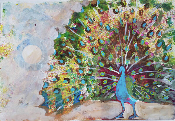 Peacock Poster featuring the painting Peacock in Morning Mist by Tilly Strauss