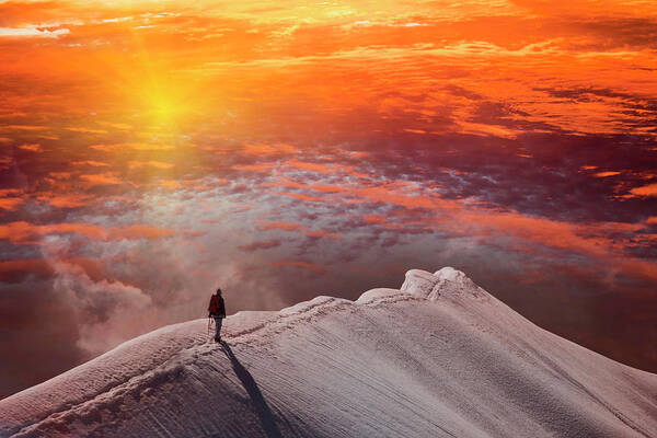 Tranquility Poster featuring the photograph Person On Mountain At Sunset, Piz Palu by Lost Horizon Images