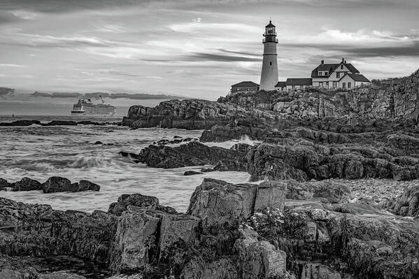 America Poster featuring the photograph Portland Head Light - Cape Elizabeth Maine in Black and White by Gregory Ballos
