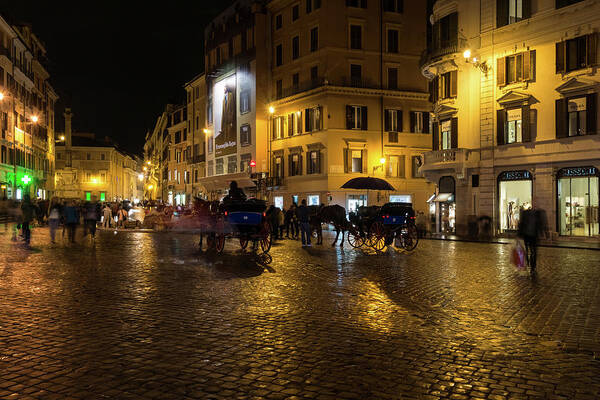 Georgia Mizuleva Poster featuring the photograph Rainy Rome - Slo Mo Shoppers Horses and Carriages on Glowing Piazza di Spagna by Georgia Mizuleva