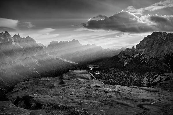 Black And White Poster featuring the photograph Rays over the Dolomites II by Jon Glaser