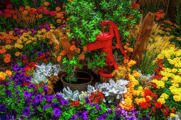 Horizontal Poster featuring the photograph Red Pump In Flower Garden by Garry Gay