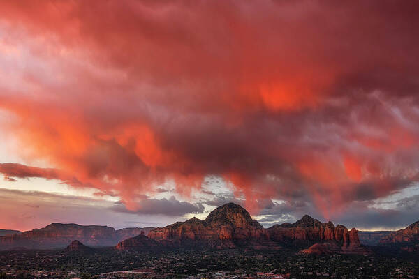 Sedona Thunder Mountain Red Rocks Arizona Desert Hills Canyons Layers Yavapai Verde Valley Sandstone Vortex Upper Sonoran Desert Clouds Storm Colorful Sunset Rain Mist Poster featuring the photograph Red Sunset by Ryan Manuel