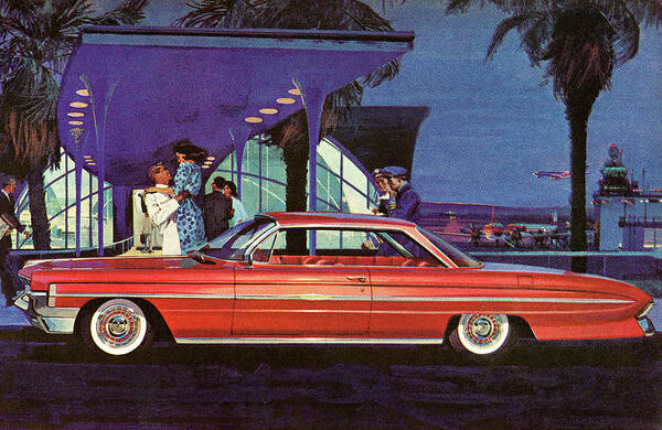 Auto Poster featuring the drawing Red Vintage Car in Front of Airport by CSA Images