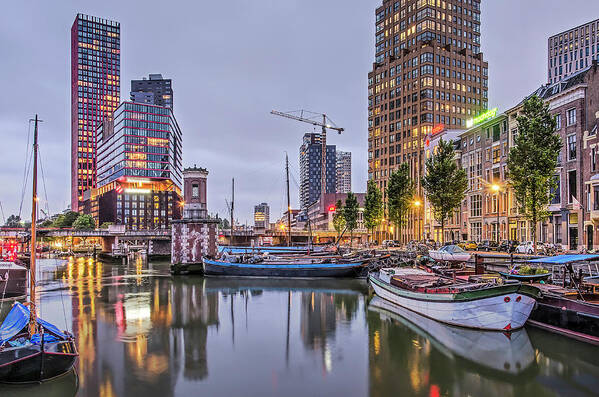 Apartment Poster featuring the photograph Rotterdam Wijnhaven in the blue hour by Frans Blok