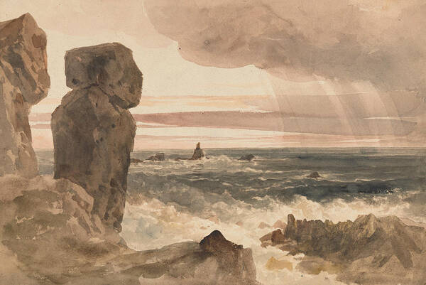 19th Century Art Poster featuring the drawing Seascape with Rocks Lizard, Cornwall by Peter De Wint