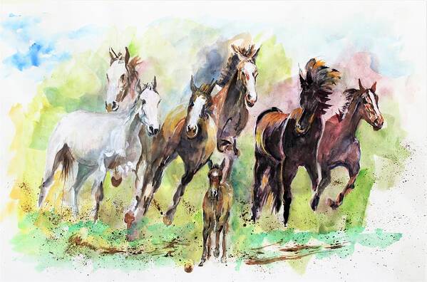 Horse Poster featuring the painting Seven wild. by Khalid Saeed