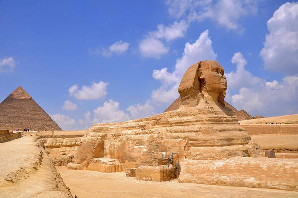 Statue Poster featuring the photograph Sphinx And The Pyramids Of Giza by Hhakim
