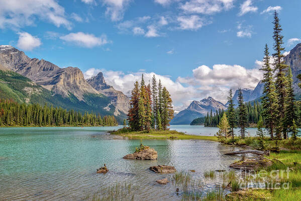 Maligne Poster featuring the photograph Spirit island, Maligne lake, Canada by Delphimages Photo Creations