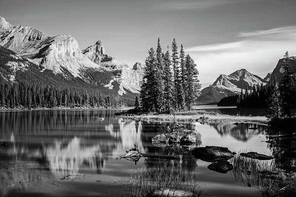 Jasper Poster featuring the photograph Spirit Island Maligne Lake Jasper National Park Alberta Canada Black and White by Toby McGuire