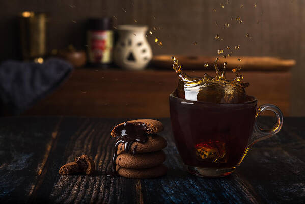 #splash #artwork #stilllife #foodphoto #tea #cookies #rembrandt Poster featuring the photograph Splash by Sumit Dhuper