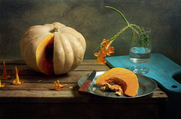 Cutting Board Poster featuring the photograph Still Life With Pumpkin And Orange by Copyright Anna Nemoy(xaomena)