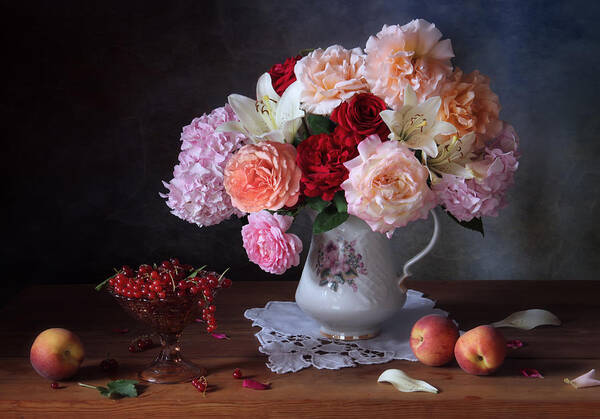 Still Poster featuring the photograph Still Life With Roses And Berries by Tatyana Skorokhod (??????? ????????)