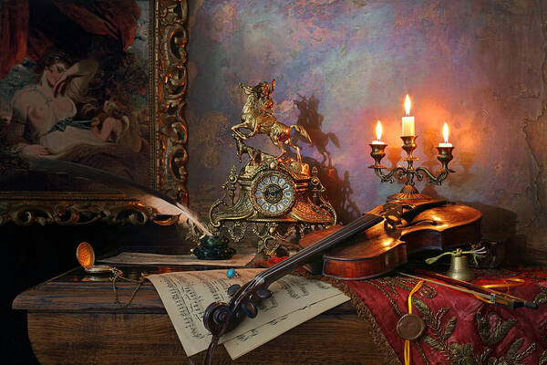 Candles Poster featuring the photograph Still Life With Violin And Picture by Andrey Morozov