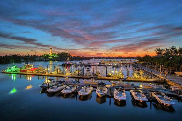 Jupiter Lighthouse Poster featuring the photograph Sunrise along Waterway at Jupiter Inlet Lighthouse Marina by Kim Seng