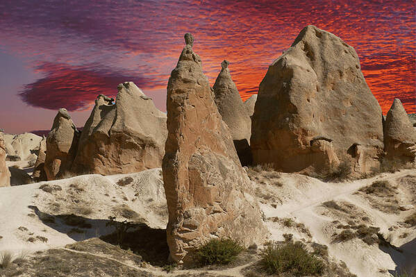 Volcanic Poster featuring the photograph Sunset on fairy chimney balanced rock by Steve Estvanik