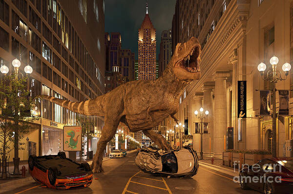 3d Poster featuring the photograph T-rex Dinosaur In A City by Leonello Calvetti/science Photo Library