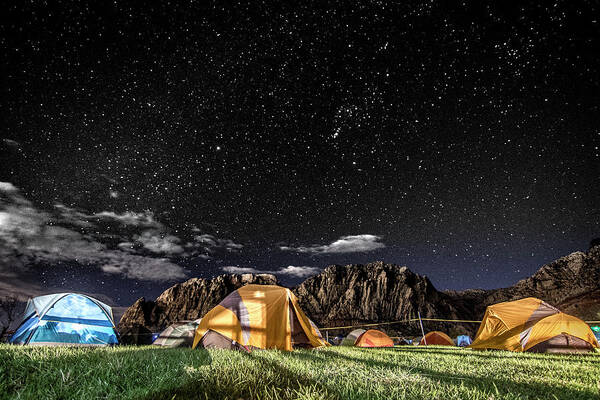 Camping Poster featuring the photograph Tents At Camp Under Starry Sky At Night In Red Rock Canyon National Conservation Area, Nevada, Usa by Cavan Images