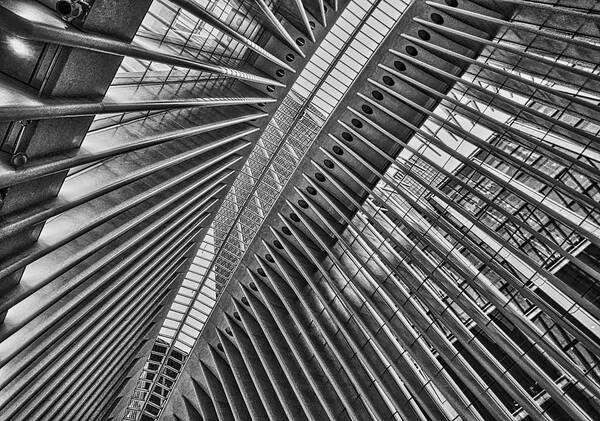 Black And White Photo Of Ceiling The Oculus At World Trade Center Poster featuring the photograph The Oculus by Joan Reese