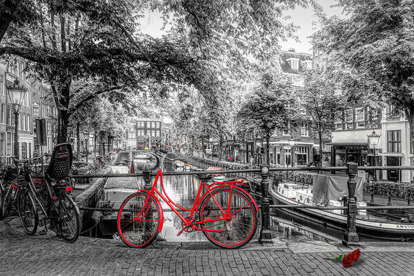 Boats Poster featuring the photograph The Red Bike in Amsterdam in Color Selected Black and White by Debra and Dave Vanderlaan