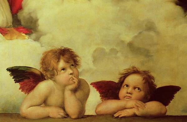 Raphael Poster featuring the painting The two angels. Detail of the Madonna Sistina -40-07-06/22-. by Raphael -1483-1520-