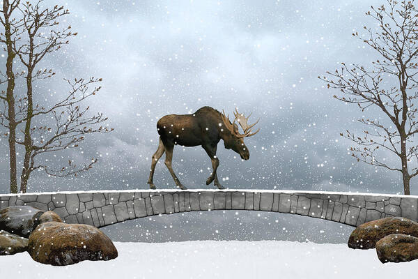 Moose Walking Poster featuring the digital art The winter guest by Moira Risen