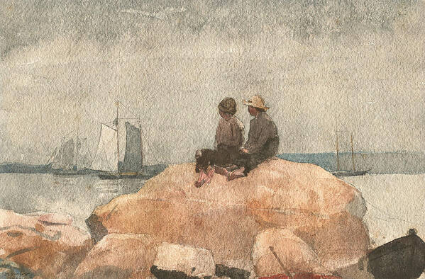 19th Century Art Poster featuring the drawing Two Boys Watching Schooners by Winslow Homer