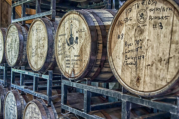 Tennessee Whiskey Trail Poster featuring the photograph Whiskey barrels in Leipers Fork warehouse by Karen Foley