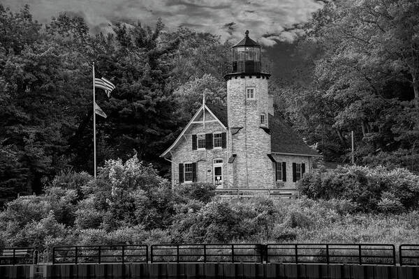 Art Poster featuring the photograph White River Lighthouse in Black and White in Summer by Whitehall by Randall Nyhof